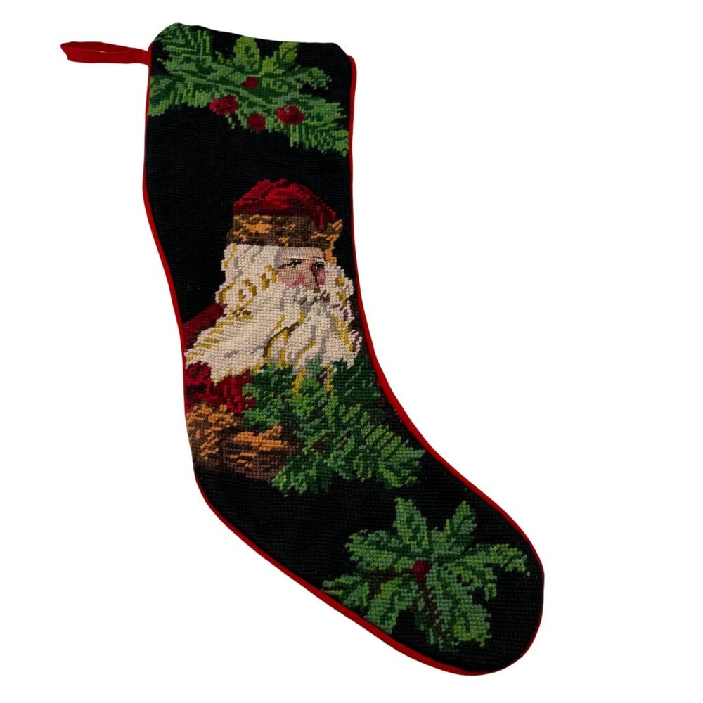 Vintage needlepoint wool Christmas stocking Santa Claus old world‎ red blue